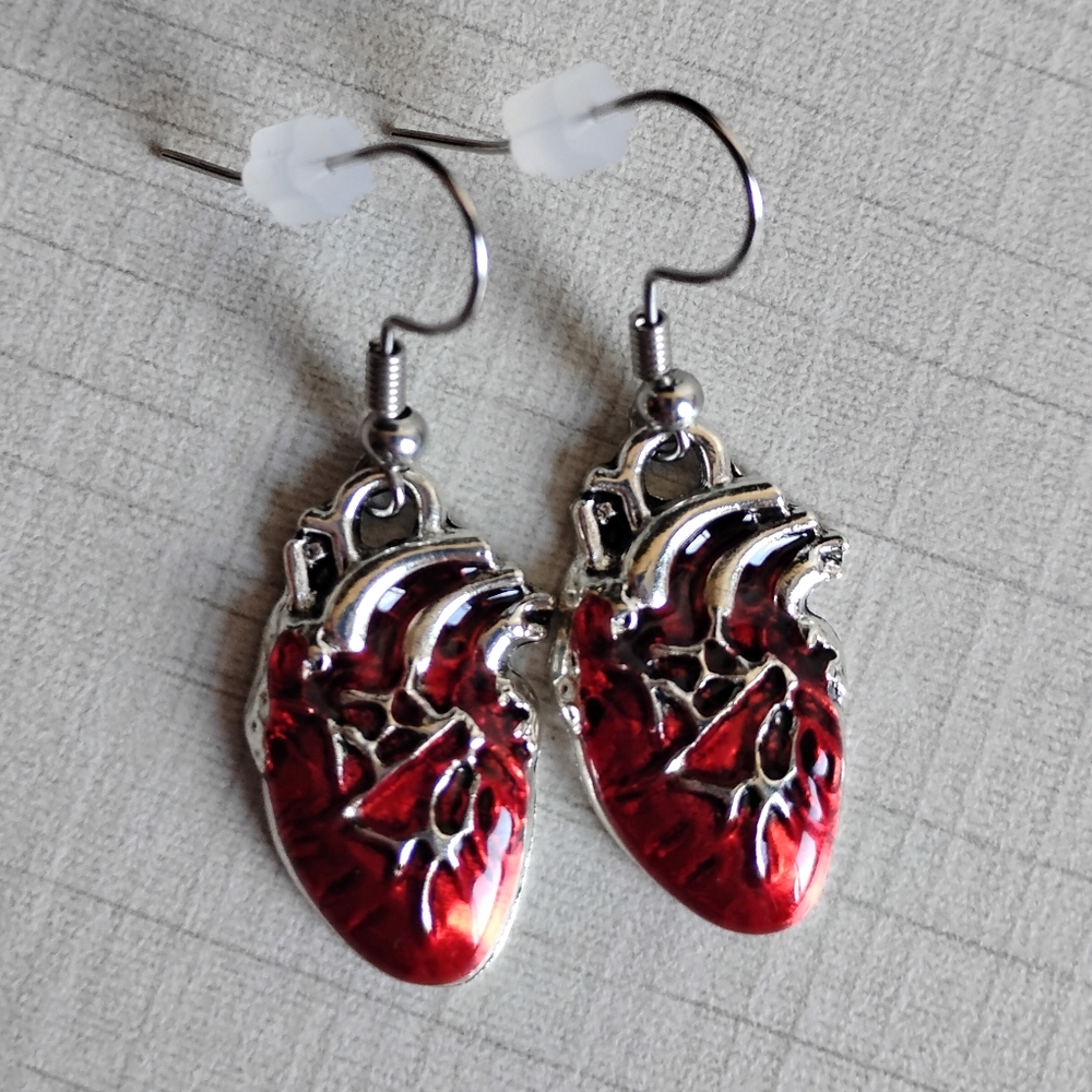 Red Anytomical Heart Earrings 18k Gold Plated Homemade ❤️ Enamel Metal